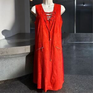 INC Vibrant Red Lace Up V neck Vegan Suede Front Knit Back Sleeveless Midi Dress